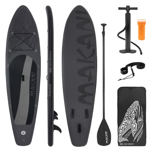 Makani oppusteligt stand-up paddleboard med luftpumpetaske, sort paddle