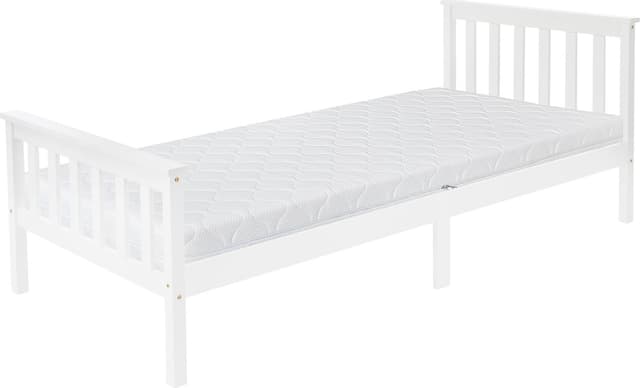 Træseng 90x200 cm hvid med madras H:16cm, fyrretræ, sengestel i massivt træ