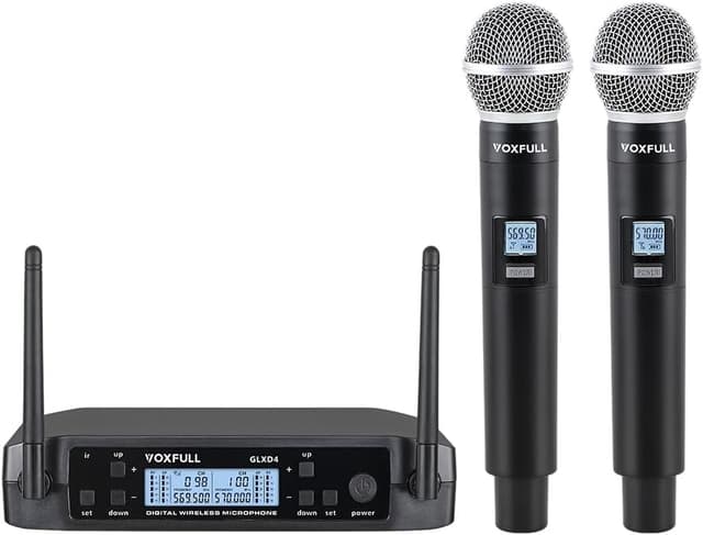 NÖRDIC Trådlöst dubbelt mikrofonsystem med 2 dynamiska mikrofoner, justerbara UHF-kanaler, 50m räckvidd, trådlösa mikrofoner för karaoke