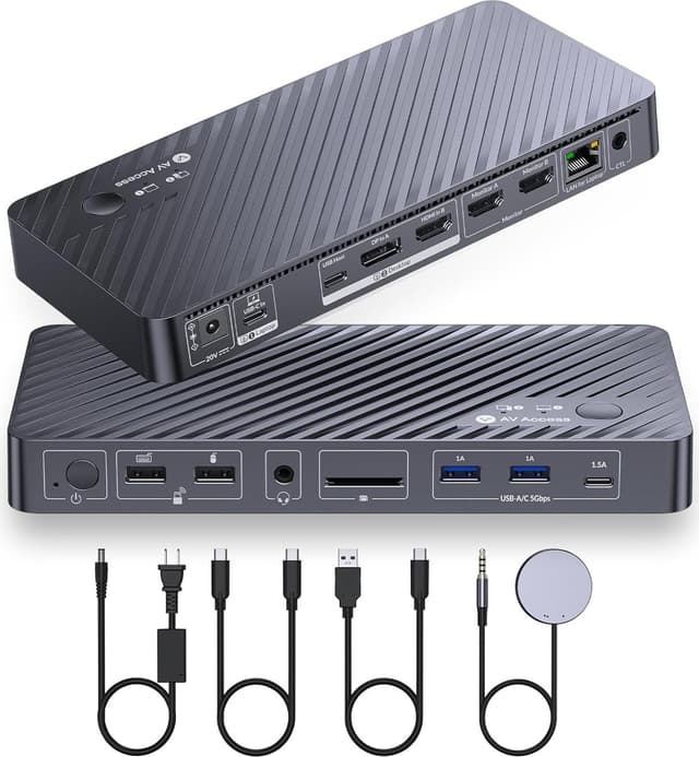 AV Access KVM & Docking Station Dual Monitor for Laptop & Desktop, 2 Monitors 2 Computers with Ethernet, EDID, 4K @ 60Hz , 4xUSB-A, 1xUSB-C, Audio, SD