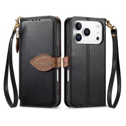 SKALO PU-Läder Lövdesign Plånboksfodral för iPhone 18 Pro - Svart