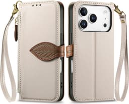 SKALO PU-Läder Lövdesign Plånboksfodral för iPhone 18 Pro - Beige