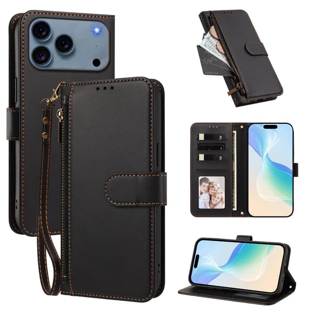 SKALO PT 30 Zipper PU-Läder Plånboksfodral för iPhone 18 Pro - Svart