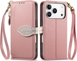 SKALO PU-Läder Lövdesign Plånboksfodral för iPhone 18 Pro - Roséguld