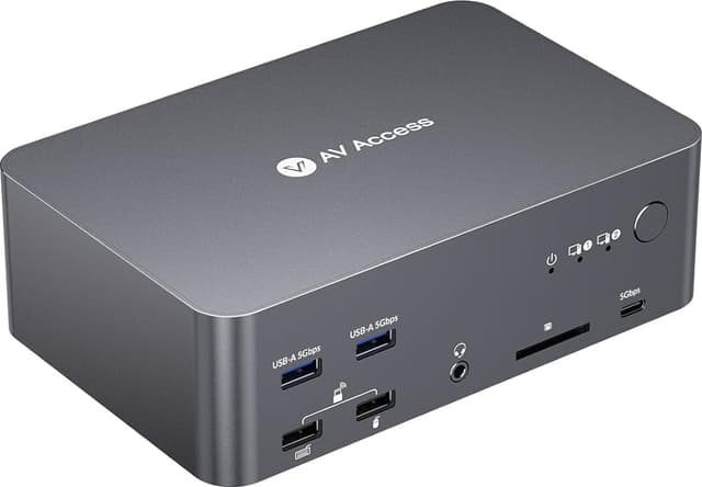 AV Access iDock D23i Dockningsstation och KVM-switch 2 till 3, Triple Monitor för 2st Desktop-PCs, 8K@60Hz, 5xUSB-A, 1xUSB-C, 1G Ethernet, Ljud, SD