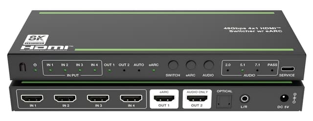 NÖRDIC 8K HDMI 2.1 eARC/ARC Extractor med inbyggd 4 till 1-switch, HDMI/Optisk/3,5mm, Dolby Vision, Dolby Atmos, LPCM 7.1CH, CEC, HDR, VRR, HDCP 2.3