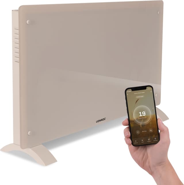VONROC Elvärmare 2000W – Glaspanel | WiFi-styrning | Termostat & Timer | Beige