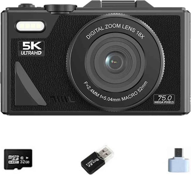 5K Digitalkamera - 75MP, WiFi, Vridbar Skärm, 64GB Kort, Typ-C Adapter & USB-läsare