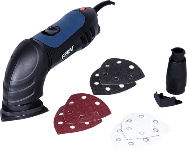 FERM DSM1009 Deltaslip 280W – Variabel Hastighet 6000-10000/min – Slipplatta 90x90x90mm – Dammutsug – 3m Kabel – Inkl. 6 P80 Slippapper