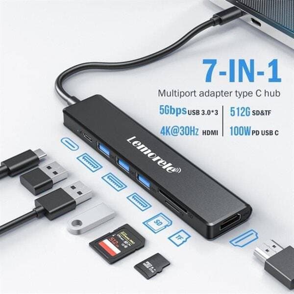 Lemorele TC90 7-i-1-dokkingstasjon med HDMI 4K, Gigabit Ethernet og 100 ...