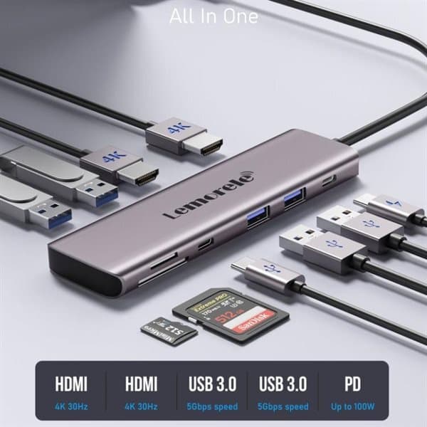 Lemorele TC91 USB-C-dokkingstasjon for tre skjermer med Ethernet og 100 ...