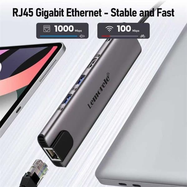 Lemorele dokkingstasjon TC65L USB-C med HDMI 4K, Gigabit Ethernet og PD ...
