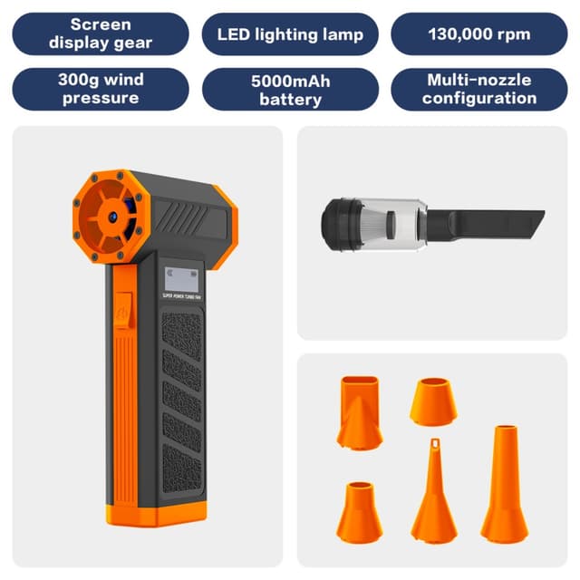 Håndholdt bærbar luftblåser 5200mAh 130000RPM for PC, bil og hjem Orange