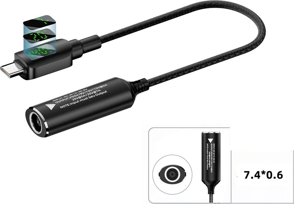 140W DC (7.4x0.6mm) til USB-C Adapter med Digital Skjerm - Kort Kabel ...