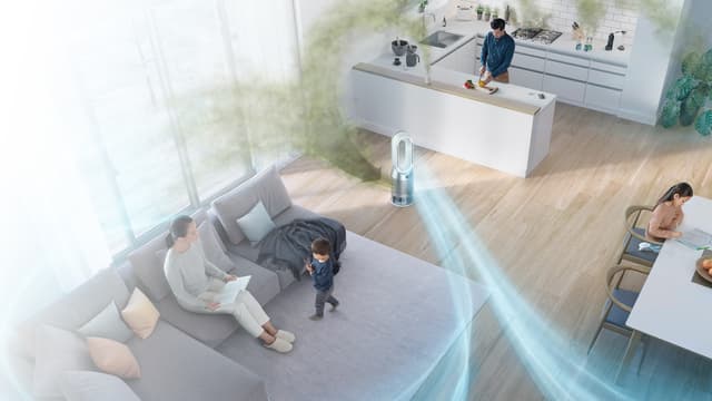Dyson Pure Humidity+Cool: Luft cirkulerar i ett vardagsrum.