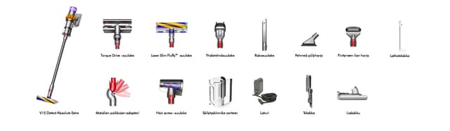 Dyson V15 varsi-imurin tarvikkeita
