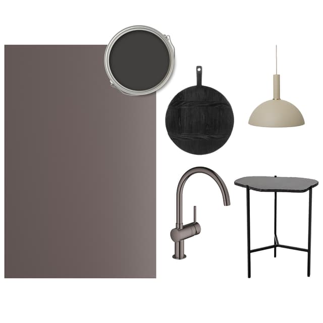 Collage med Umber dörr, blandare och olika interiördetaljer