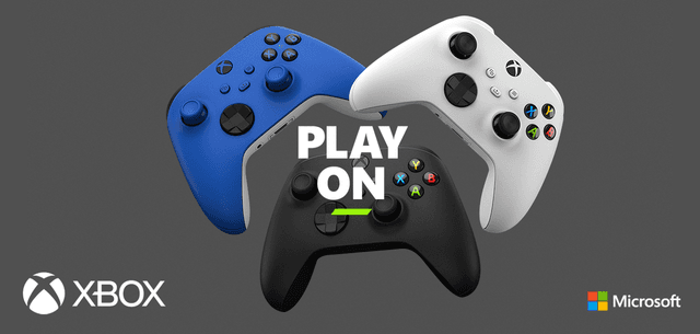 Three xbox controllers with the text Play On