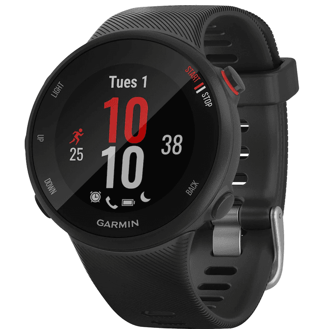 En Garmin 45 som viser tid, batteri og start-stopp