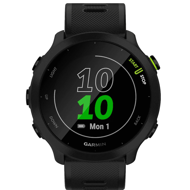En Garmin 55 som viser tid, batteri og start-stopp
