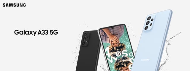 Samsung Galaxy A33 -mainoskuva, jossa puhelimen nimi ja kolme eriväristä puhelinmallia