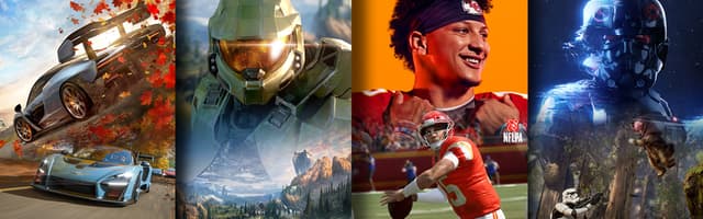 Xbox Series X & S spel , fyra olika bilder från olika spel.