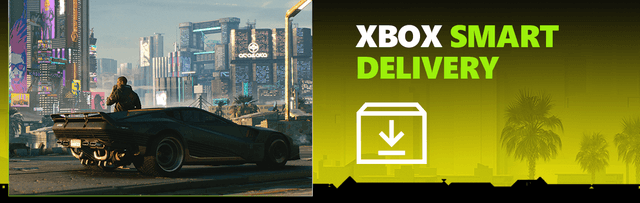 Bild från spel på racerbil med texten: "Xbox smart delivery".