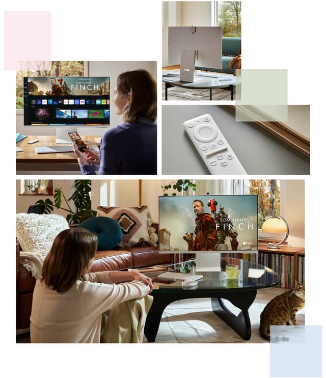 Flere bilder av Samsung Smart Monitor forskjellige steder i rommet og en fjernkontroll
