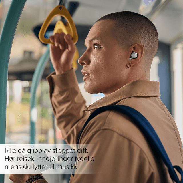 Person on a bus with Sony LinkBuds