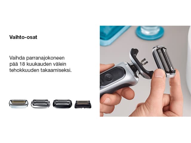 Braun-parranajokoneen vaihto-osat sekä käsi vaihtamassa ajopäätä Braun-parranajokoneeseen