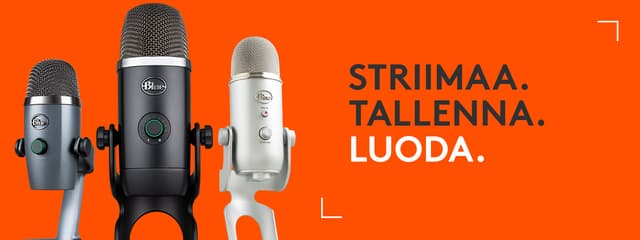 Kolme striimausmikrofonia ja teksti Striimaa.Tallenna. Luo.