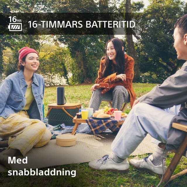 Personer på picknick vid och på en filt i en park och text om batteri och snabbladdning