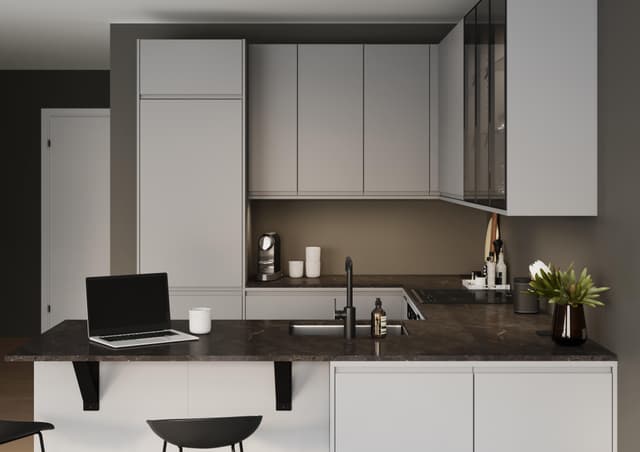 Epoq Integra Steel Grey kjøkkenkrok i lys grå farge med sortbrun benkeplate i kompaktlaminat og barstoler