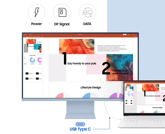 Samsung Smart Monitor ja kannettava, joiden näytöillä näkyy sama kuva