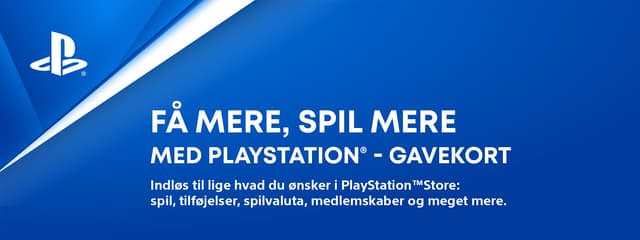 Blå baggrund med Playstation logo med teksten Få mere, spil mere med playstation - Gavekort