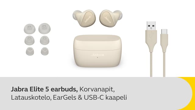 Jabra Elite 5 earbuds, nappikuulokkeet, langaton latauskotelo,  EarGels kolmessa eri koossa sekä USB-C-liitäntä