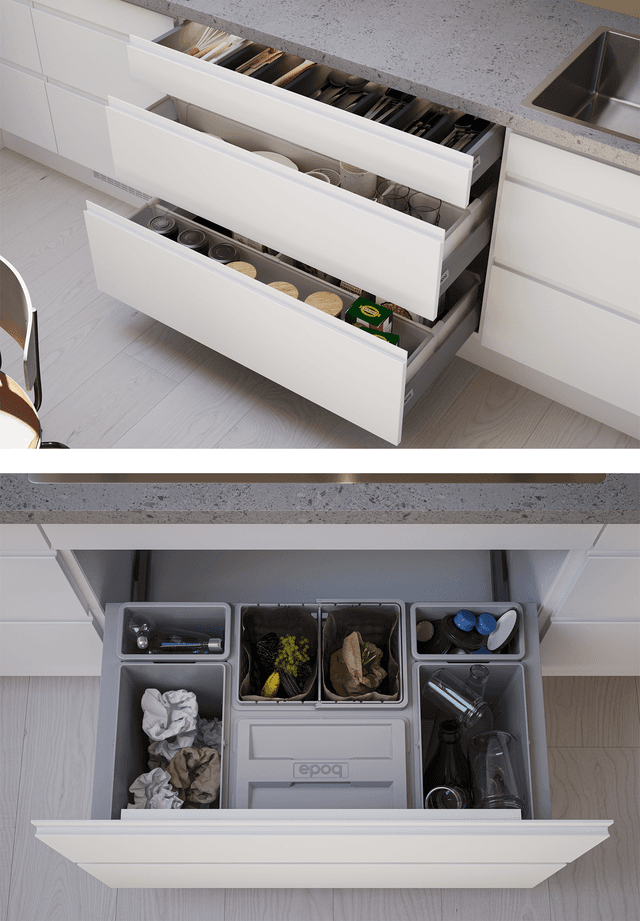 EPOQ -  Kök - Integra Chalk - Vitt kök - Lådor och sopsortering.
