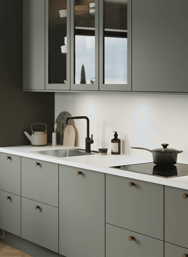 POQ Trend Moss green-kök med integrerad spishäll och vit bänkskiva och diskho med svart blandare