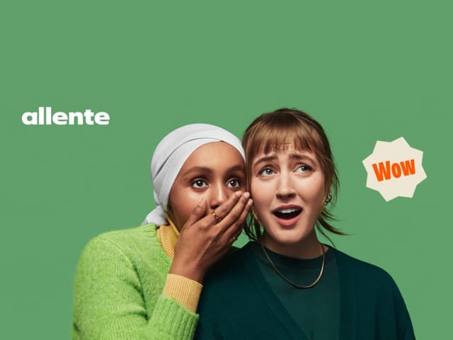 Allente logo og to jenter som ser sjokkerte ut