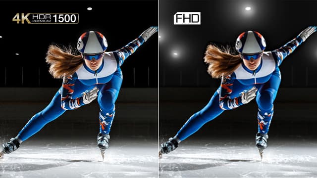 Två bilder av en kvinnlig professionell skridskoåkare i fart för jämförelse där den ena visar klarare färger och kontraster