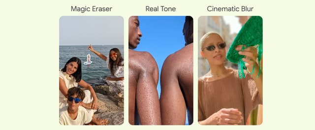 Tre billeder der illustrerer Magic Eraser, Real Tone og Cinematic Blur