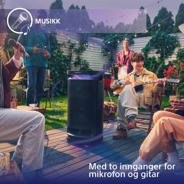Sony SRS-XV900 trådløs høyttaler og teksten Musikk,  med to innganger for mikrofon og gitar