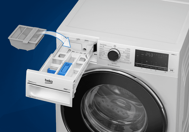 En Beko vaskemaskin en en åpen luke som viser filteret Fibercatcher