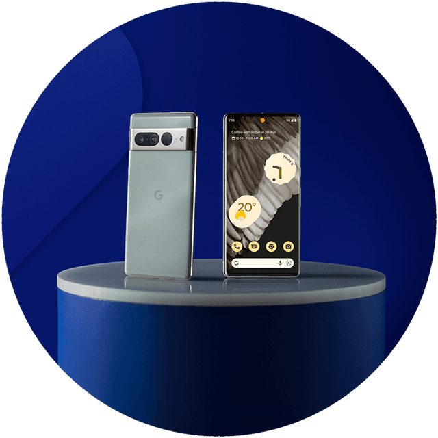 Rundt bilde av Google Pixel med blå bakgrunn