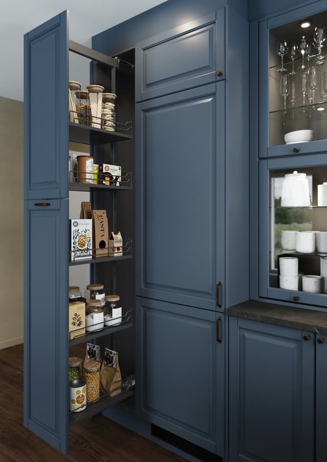 EPOQ Heritage BlueGrey blått kök med utdragbart högskåp.