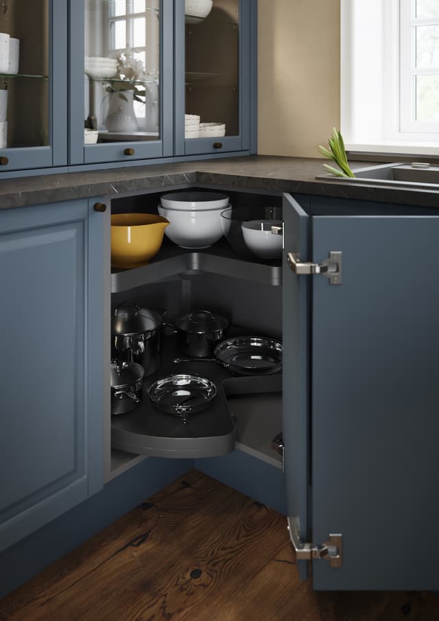 EPOQ Heritage BlueGrey blått kök med hörnskåp och hörnkarusell.