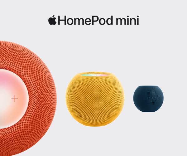 HomePod mini i oransje, gul og blå 