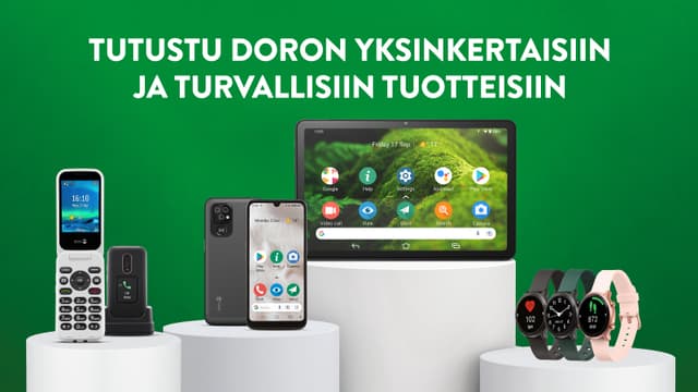 Doro-yläbanneri - Doron tuotteita vihreällä taustalla sekä teksti 'Tutustu Doron yksinkertaisiin ja turvallisiin tuotteisiin'