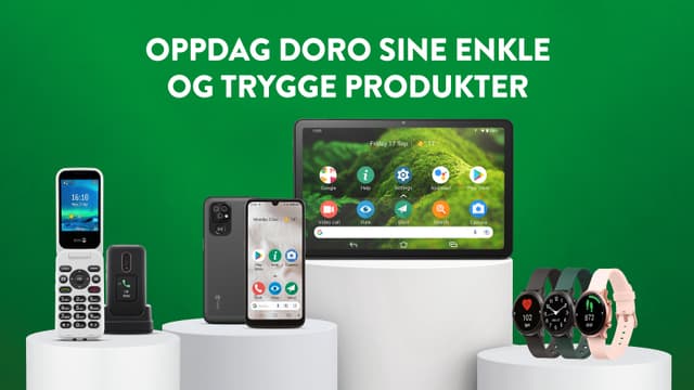 Doros telefoner, nettbrett og smatyklokker på grønn bakgrunn og teksten Oppdag Doro sine enkle og trygge produkter