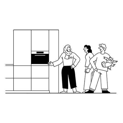 Drawing of a man and woman standing in a store talking to a epoq selle